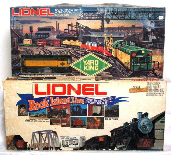 Two Lionel boxed sets, 1698 and 1154 both in OB: Lionel 1698 Rock Island Line boxed freight set consisting of 8601 0-4-0 loco and tender, 9046 boxcar and 9078 bobber caboose and other components, C9-10. Although the cello is torn, trains appear to h