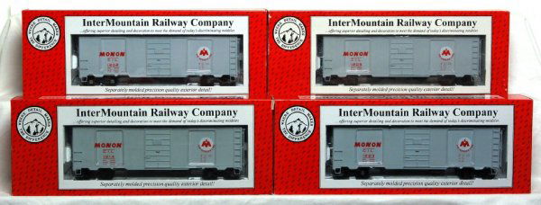 InterMountain Railway Co. Monon boxcars in OB: InterMountain Railway Co. O scale Monon boxcars in original boxes. Limited run custom decorated 40 foot AAR boxcars with 2 rail scale trucks. Cars are individually numbered, C9-10.