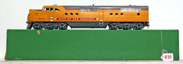 Overland Models brass U.P. City of L.A. EMD E3/6: Overland Models, Ajin Precision Mfg. 2 rail brass O scale Union Pacific City of Los Angeles EMD E3/6 diesel loco in original box, loco is missing a horn. Loco looks C9, graded C8 due to having been ru