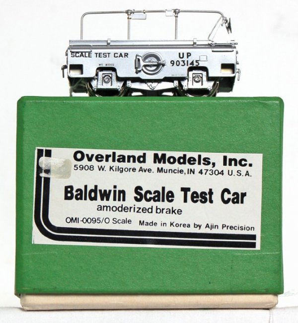 Overland Models Baldwin scale test car, OB: Overland Models by Ajin Precision 2 rail O scale Baldwin scale test car, amoderized brake, C9-10. OB.
