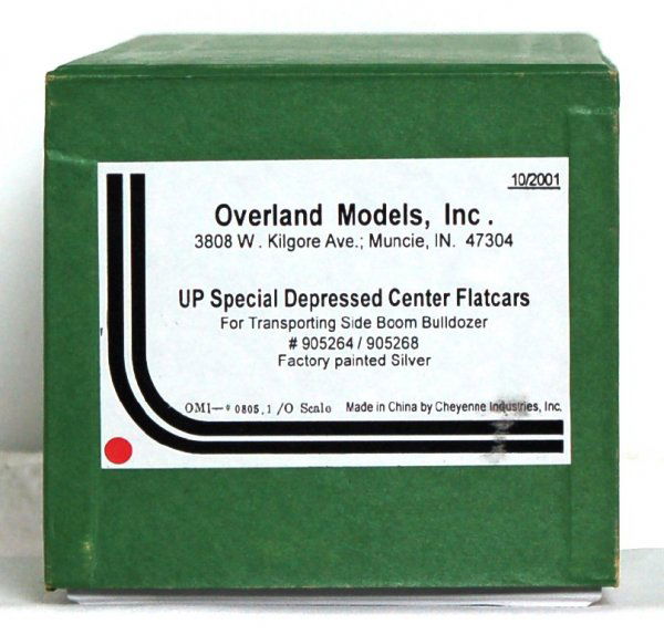 Overland Models UP special depressed center flats: Overland Models by Cheyenne Industries 2 rail O scale UP special depressed center flatcar for transporting side boom bulldozer, #905264/905268 factory painted silver. Appears to never have been opened