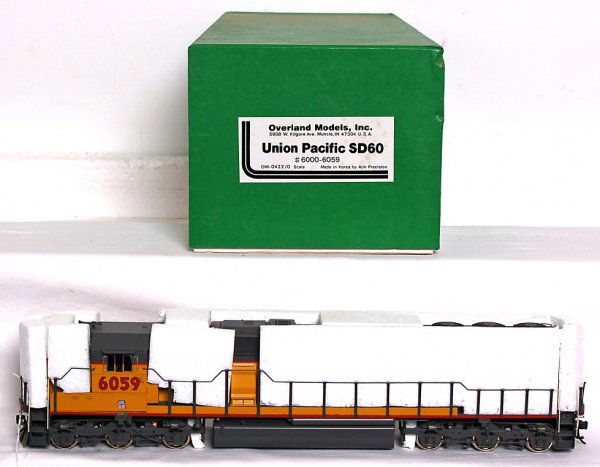 Overland Models brass 2 rail U.P. SD60 in OB: Overland Models, Ajin Precision brass 2 rail O scale Union Pacific SD60 diesel loco with cab number 6059 in original box, C9-10. loco has Kadees.
