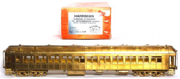 Iron Horse Models brass Harriman passenger car: Iron Horse Models, Precision Scale Co. brass 2 rail O scale Harriman common standard 72 foot intermediate coach, open transom windows in original box, some light tarnish, O/W car looks great. Box has