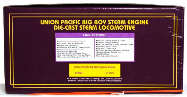 MTH MT-3021S 2 Rail U.P. Big Boy w/ProtoSmoke: MTH MT-3021S 2 Rail O scale Union Pacific Big Boy w/ProtoSmoke in original box. Train appears to have never been removed from box, C9-10.