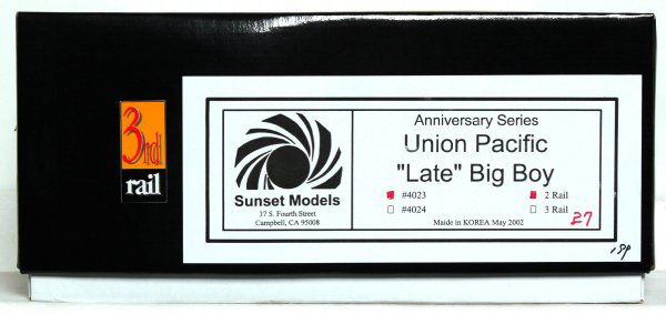 3rd Rail brass 2 rail U.P. Late Big Boy loco: Sunset models, 3rd Rail brass 2 rail O scale Union Pacific ÒLateÓ Big Boy loco and tender, cab number 4023 in original box. Trains have never been removed from box, C9-10.