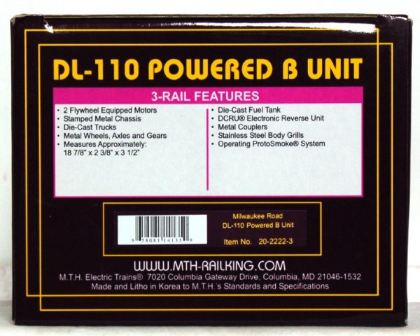 MTH 20-2222-3 Milwaukee DL-110 powered B unit: MTH 20-2222-3 3 rail O scale Milwaukee Road DL-110 powered B unit in original box. Train appears to have never been out of box, C9-10.