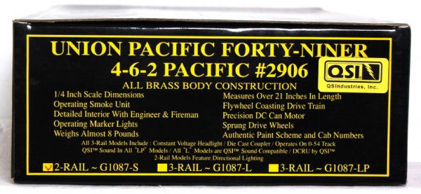 Weaver G1087-S U.P. Forty-Niner 4-6-2 Pacific: Weaver Gold Edition brass 2 rail O scale G1087-S Union Pacific Forty-Niner 4-6-2 Pacific No. 2906 loco and tender with operating smoke unit in original box. train appears to have never been removed fr