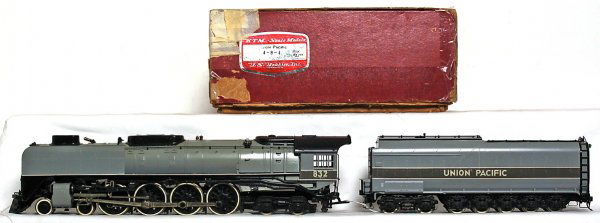 KTM brass O scale 2 rail U.P. 4-8-4 in OB: KTM Scale Models, U.S. Hobbies brass 2 rail O scale Union Pacific FEF-3 4-8-4 loco and tender, C7-8. Box is moderately worn.