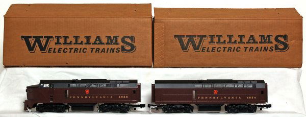 Williams brass PRR Shark Nose A-B units in OB: Williams brass 3 rail O scale Pennsylvania Shark Nose A-B diesel units in original boxes, C9-10. Boxes have some writing on ends.