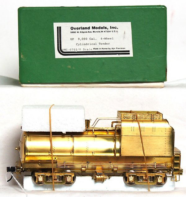 Overland Models brass O scale UP 9,000G tender: Overland Models, Ajin Precision Mfg. brass 2 rail O scale Union Pacific 9,000 gallon four wheel cylindrical tender, in original box, C9-10.