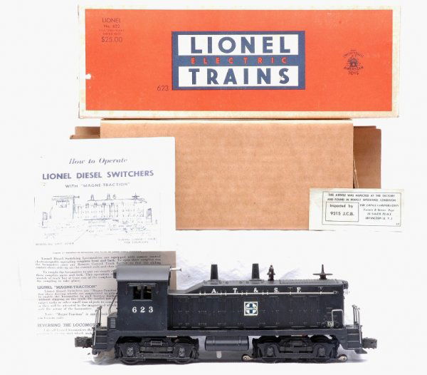 Lionel 623 Santa Fe NW2 Switcher MINT Boxed: Lionel postwar 623 Santa Fe NW2 switcher in OB with original cardboard insert and instruction sheet. This is the ten stanchion version. The switcher has been test run, C9. OB has all flaps attached, C