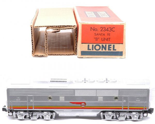 Lionel 2343C Santa Fe F3 B Unit Like New Boxed: Lionel postwar 2343C Santa Fe F3 B unit with louvered roof vents in OB and original cardboard insert. B unit has light run time, bright silver with minor finger prints and box rubs, C8. OB has all fla
