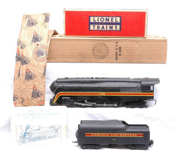 Lionel 746 N W Loco Short Stripe Tender LN OB: Lionel postwar 746 Norfolk and Western 4-8-4 class J Northern steam loco and 746W short stripe tender in OBs with original wraps and instruction sheet. The striping on both the loco and tender are gor