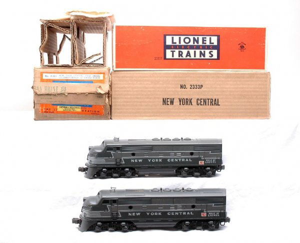 Lionel 2333 NYC F-3 AA Diesels MINT Master Carton: Fantastic Lionel postwar 2333 New York Central F-3 AA diesels in individual boxes with original cardboard inserts and wrap in master carton containing; 2333P power unit and 2333T dummy unit. These die