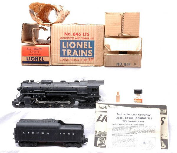 Lionel 646 Steam 2046W MINT OBs Mastercarton: Lionel postwar 646 LTS containing; 646 steam locomotive 4-6-4 with 2046W Lionel Lines tender in individual OBs with master carton, original wrap, instruction sheet, operating booklet, service station
