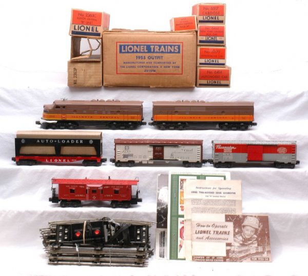 Lionel 2239W Illinois Central Freight MINT Boxed: Lionel postwar Illinois Central freight outfit no. 2239W, circa 1955, in individual OBs and set box containing; 2363P and 2363C Illinois Central F-3 AB diesels with original cardboard insert, 6672 San