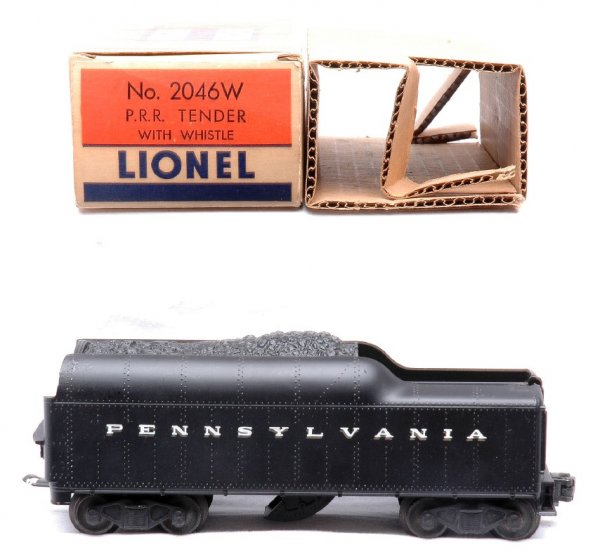 Lionel 2046W-50 Pennsylvania Tender LN Boxed: Lionel postwar 2046W-50 Pennsylvania tender with whistle in OB with cardboard insert. Lettering is crisp, C8. OB has all flaps, C8.