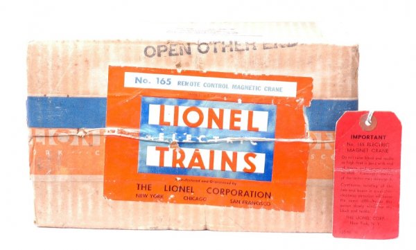 Lionel 165 Original Box Only Red Instruction Tag: Lionel prewar 165 original box only for remote control magnetic crane with two original cardboard inserts and red instruction tag. The OB is sealed on label end and label is fully intact, C8-9.