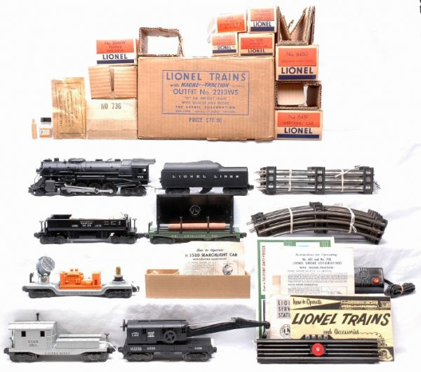Lionel 2213WS Freight Set 736 Steam MINT Boxed: Lionel postwar O gauge freight outfit no. 2213WS, circa 1953, in original individual boxes with cardboard inserts and wrap in set box containing; 736 Berkshire steam loco, 2046W tender with whistle, 3