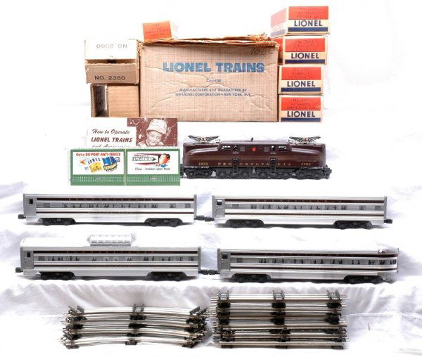 Lionel 2274W Congressional Pass Set MINT Boxed: Lionel postwar Congressional passenger set no. 2274W, circa 1956, in individual OBs with original wrap and set box containing: 2360 tuscan Pennsylvania five-stripe GG1 with original cardboard insert,