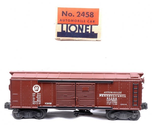 Lionel 2458 PRR Automobile Car MINT Boxed: Lionel postwar 2458 PRR automobile car with double doors in OB. The car has been test run, C9. The OB has all flaps attached, C9.