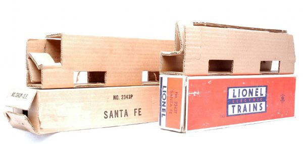 Lionel 2343P 2343T Original Boxes Only Santa Fe: Lionel postwar 2343P and 2343T original boxes only with cardboard inserts for the Santa Fe F3 AA diesels. The boxes have all flaps attached and are C7-8.