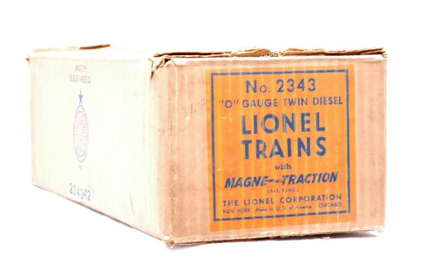 Lionel 2343 Master Carton Only Santa Fe F3 AA: Lionel postwar 2343 master carton only for the Santa Fe F3 AA diesels. The OB has orange and blue labels, C7+.
