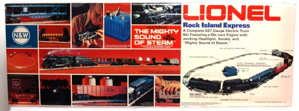Lionel 1386 Rock Island Express boxed freight set: Lionel 1386 Rock Island Express boxed freight set, factory sealed C10. Set consists of: 8304 4-4-2 loco and tender, 9125 N&W auto carrier, 9023 MKT flatcar, 9131 D&RGW gondola, 9015 Reading hopper, 90