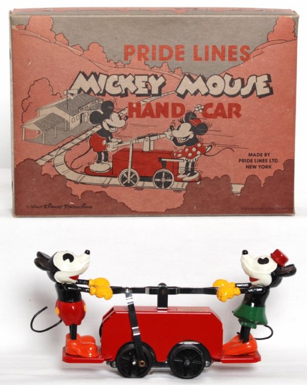 Pride Lines No. 1100 Mickey Mouse Hand Car: Pride Lines No. 1100 Mickey Mouse Hand Car in original box, may be missing a label, otherwise look C9 area, but graded C8 due to having been run.