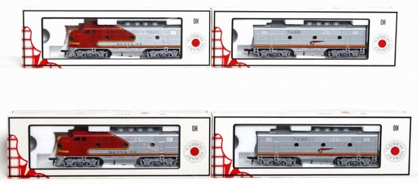 Stewart Hobbies Santa Fe F3 A-B-B-A units in OB: Stewart Hobbies HO scale Santa Fe F3 A-B-B-A units in original boxes, C8-9. Two 8010 powered A units and two 8015 dummy B units
