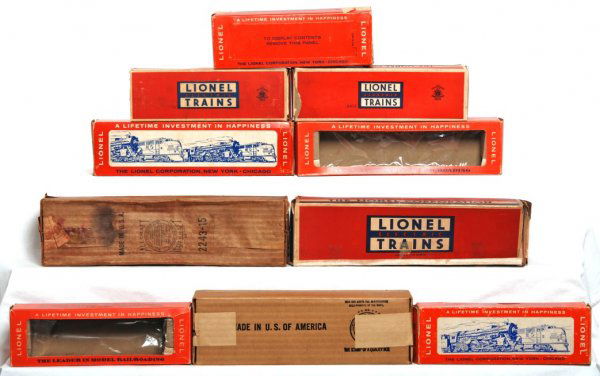Ten postwar empty Lionel boxes, 3519, 665, 746W: Empty Lionel postwar boxes, 3519 automatic satellite launching car, 665 steam 4-6-4, 6812 track maintenance, 736W tender, 6415 tank, 746W tender, 6446 cement car, 2243P Santa Fe F3 and 2243C Santa Fe