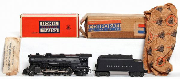 Lionel 675 2-6-2 loco and 6466WX tender in OB: Lionel 675 2-6-2 loco and 6466WX tender in OB, C7-8. Boxes are C8, loco OB has insert. Original instructions sheet, smoke tamp and original wrapping paper.