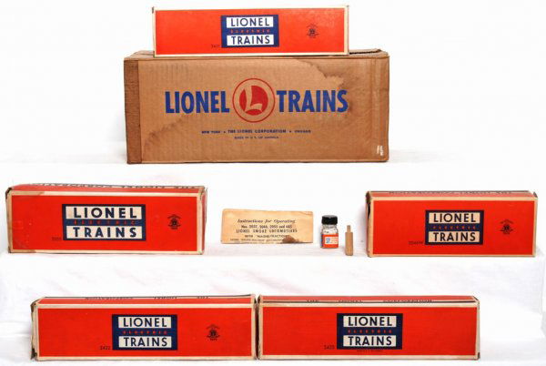 Lionel boxed set 1502WS, 2055 Hudson set: Lionel set 1502WS with a set box that has all flaps. Trains are 2055 Hudson, 2046W tender, 2421 Maplewood, 2422 Chatham and 2423 Hillside. Trains are C7-8. Interior boxes look nice but missing a few i