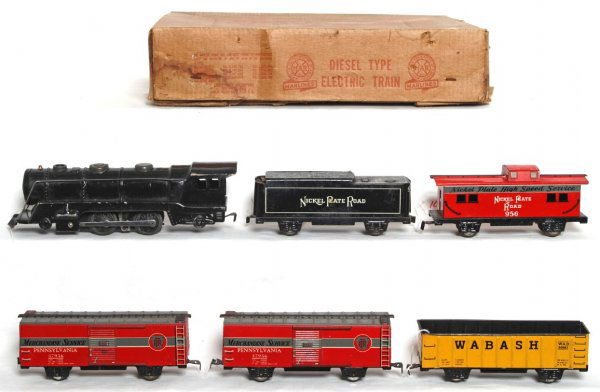 Marx steam loco and freight in set box: Marx electrical steam loco and Nickel Plate Road tender, two 37956 Pennsylvania boxcars, 80982 Wabash gondola and 956 Nickel Plate Road caboose, C6. trains are in a 9603 diesel freight set box, 6-7 so