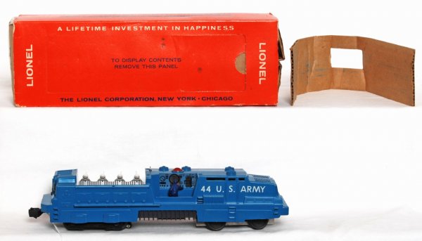 Unrun Lionel No. 44 U.S. Army mobile launcher: Unrun Lionel No. 44 U.S. Army mobile launcher in original box with outer sleeve and insert, C7.
