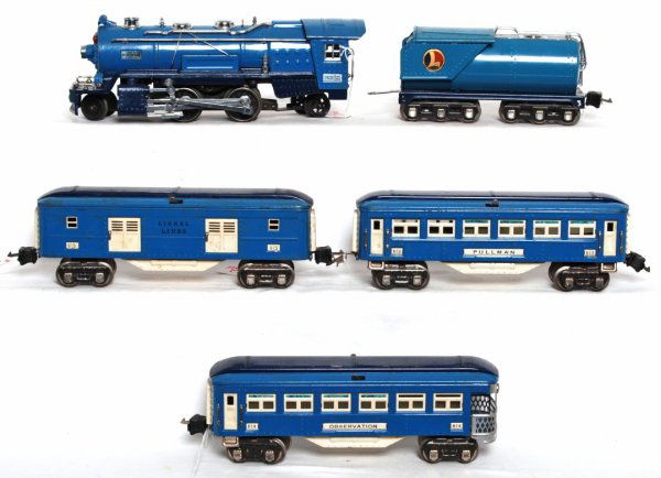 Lionel prewar O gauge Blue Comet set in OB: Lionel prewar O gauge Blue Comet with 263E loco, 263W tender, 613 Pullman, 614 Pullman and 615 baggage. Trains are C6, one car is missing box on coupler. Boxes are missing a couple of inner flaps and