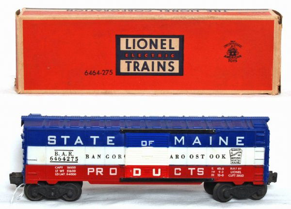 Lionel 6464-275 State of Maine BAR boxcar, OB: Lionel 6464-275 State of Maine BAR boxcar, unrun, will clean C9+. OB C7-.