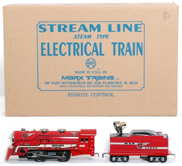 Marx 10701 boxed Marlines work train set: Marx 10701 boxed Marlines work train set, unrun C9-10. Box lid has small writing in upper right hand corner.