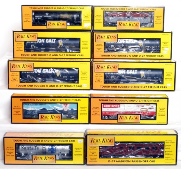 Ten MTH Rail King freight cars in original boxes: MTH Rail King: four 30-75113 Morton Salt hoppers, 30-7009B CP Rail Madison Diner, 30-7712 NYC Pacemaker caboose, 30-7352 Santa Fe tank, 33-7408 Craftsman boxcar, 30-7816 Pepper Packing reefer and 30-7