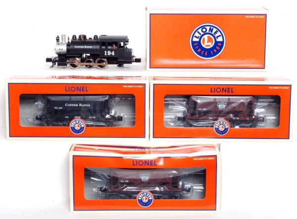 Lionel 28669 Copper Range 0-6-0, three ore cars: Lionel 28669 Copper Range 0-6-0 locomotive and three Copper Range ore cars, 16484, 16485, 16486 with simulated copper loads, C9-10. Loco is test run C9. 16485 OB has slightly crushed side panel.