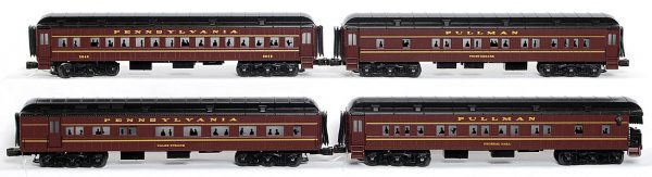 Four K-Line Pennsylvania passenger cars: K-Line 3049 passenger, Times Square passenger, Caleb strong passenger and Federal Hall observation. Cars should clean to look C8 area.