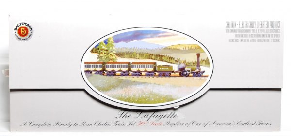 Bachmann No. 00628 HO scale The Lafayette: Bachmann No. 00628 HO scale The Lafayette train set in original box, trains look C9. Box has tape and tape wear. Otherwise square and solid box.