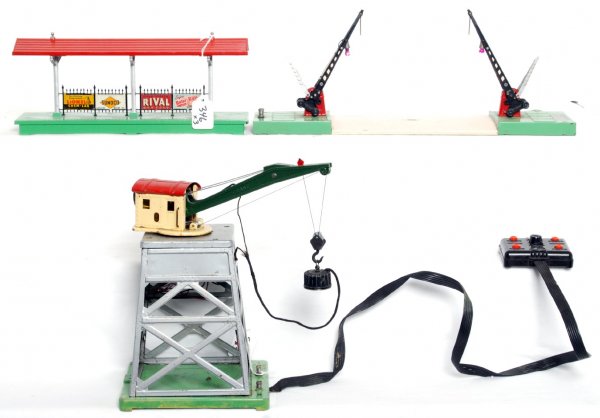 Lionel 156, 47 and 165 w/controller: Lionel 156 station platform, 47 crossing gate and 165 crane with controller, C6-7.