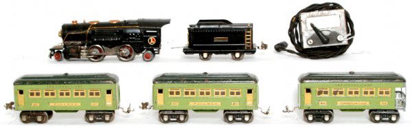 Lionel prewar 259E loco, tender, 607, 607, 608: Lionel prewar 259E 2-4-2 steam loco and tender with 607 Pullman, 607 Pullman, 608 observation, trains look C5-6. Type 1029 25 watts transformer with replaced cord.