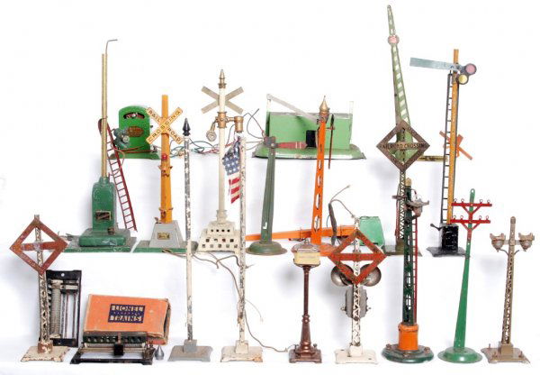 Huge lot of Lionel, American Flyer, Dorfan: Huge lot of Lionel, American Flyer, Dorfan prewar accessories. Lamp posts, signs, semaphores, flag pole, etc. Please view our photographs for the best description and as to condition of the items in t