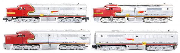 Three American Flyer S.F. Alco A units and one B: American Flyer S gauge 470 Santa Fe Alco PA, 471 Santa Fe Alco PB, 473 Santa Fe Alco PA and one unnumbered Santa Fe Alco PA. Missing steps, horns, cracked shell, etc. Please view our photographs for t