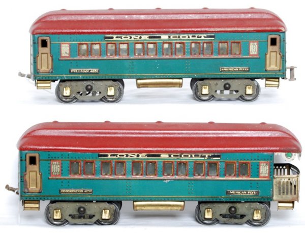Two American Flyer standard gauge Lone Scout: Two American Flyer standard gauge Lone Scout passenger cars, 4251 Pullman and 4252 observation. Roof paint is alligatored, nicer C6.