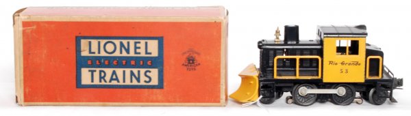Lionel No. 53 Rio Grande snowplow in OB: Lionel No. 53 Rio Grande snowplow in original box with insert, super tight hairlines at screws, window struts are both good, should clean C7 area. Box looks C7.