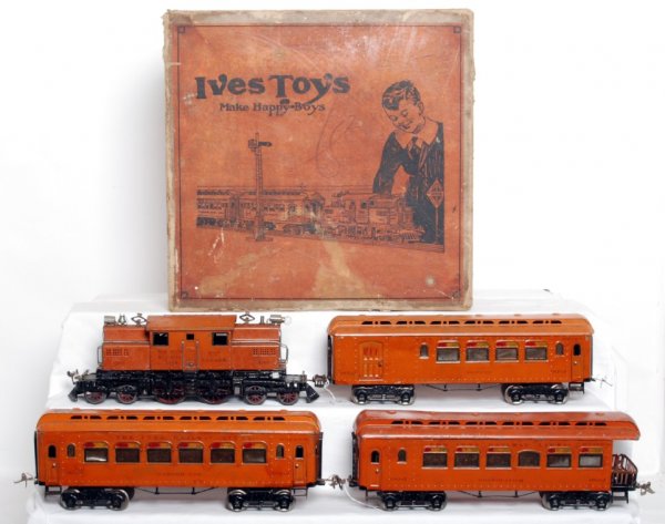 Ives prewar standard gauge 704 set, 3243 pass.: Ives prewar standard gauge 704 set with the set box. 3243 loco with 187-3 buffet, 188-3 parlor car and 189-3 observation. Trains are nice original C6.