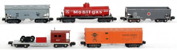 American Flyer postwar S gauge freight cars: American Flyer postwar S gauge 632 Lehigh New England hopper missing one step with knuckle conversion couplers, 607 crane tender with knuckle conversion couplers, 802 Illinois central reefer, 24209 Je